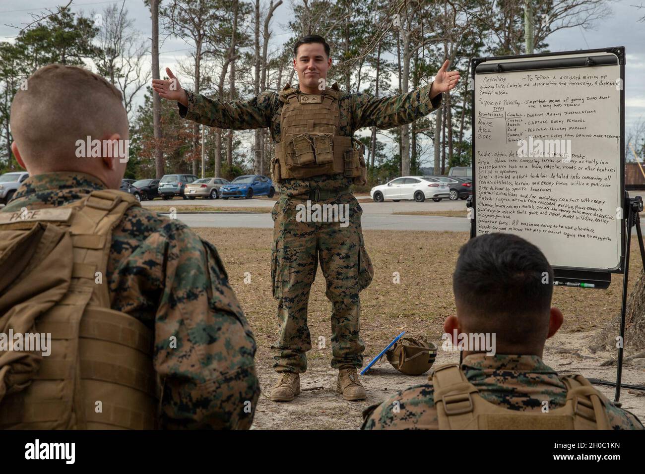 U.S. Marine Corps LCpl. Abner, N, Agen III, a fire-team leader with Echo company, 2d Battalion, 6th Marine Regiment, 2d Marine Division, poses for a photo on Camp Lejeune N.C., January 21, 2021. According to his leadership, Agen teaches his Marines about the weapon systems organic to a rifle squad. He instructed over six hours of weapon familiarization in reference to Marine Corps order 3-11.2. (Marine Rifle Squad 3-11.2.). While also, developing a Performance Evaluation Check and overseeing four hours of practical application conducted by the Marines. Agen ensured the knowledge was retained b Stock Photo