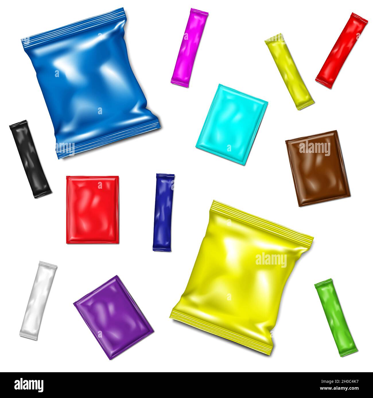 Sachet packet isolated on white background vector color set. Blank