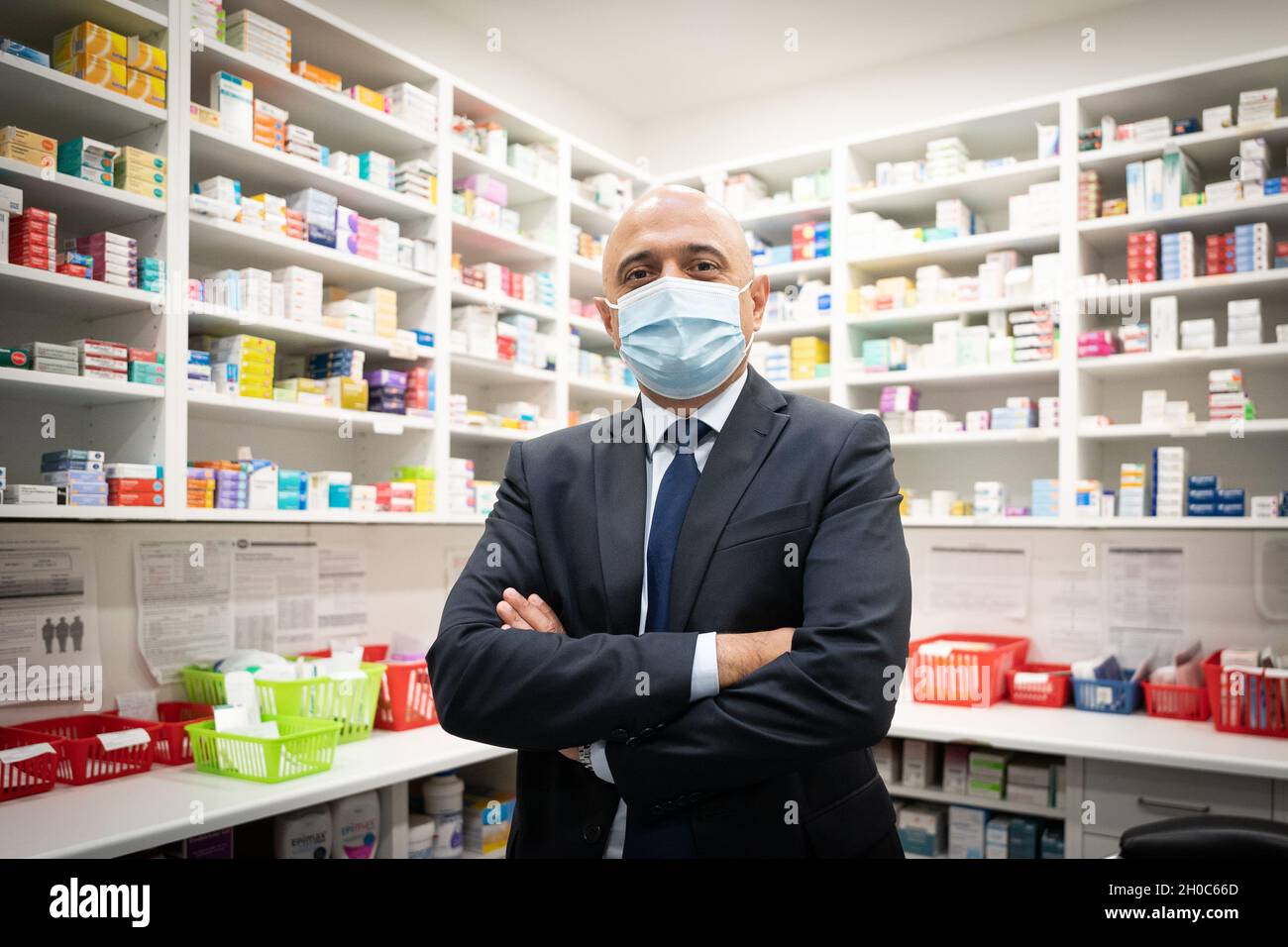 Health Secretary Sajid Javid at the Greenlight Pharmacy in Westminster where he later received his flu vaccine. Picture date: Tuesday October 12, 2021. Stock Photo