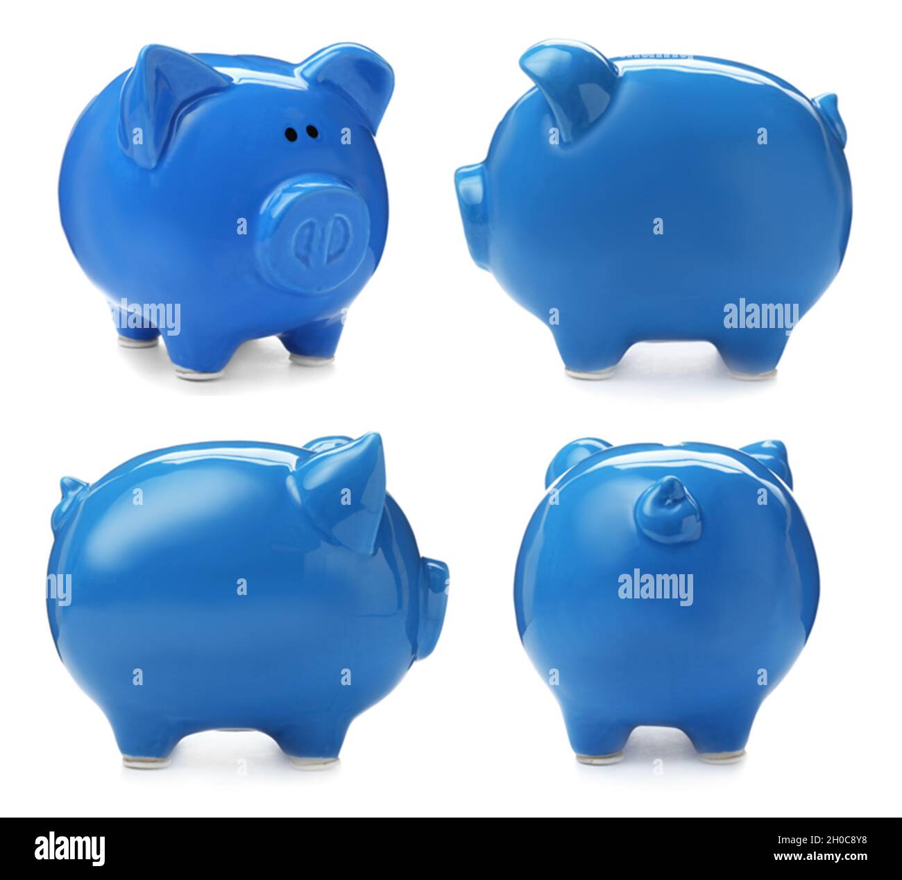 Set with blue piggy bank from different views on white background Stock ...