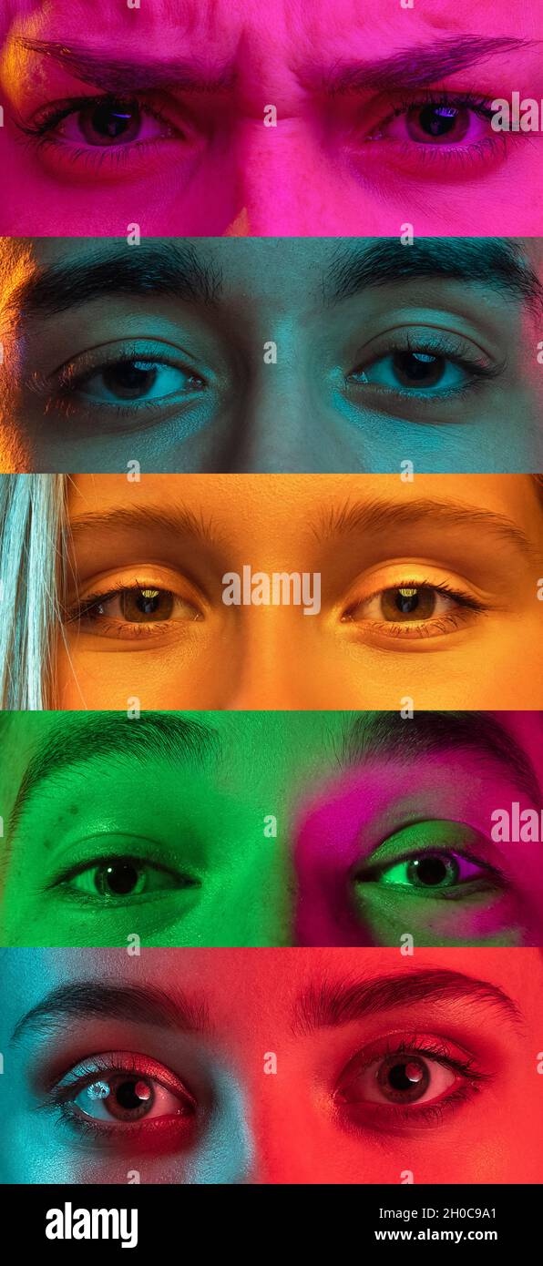 Vertical collage of open eyes of young multiethnic men and women on ...