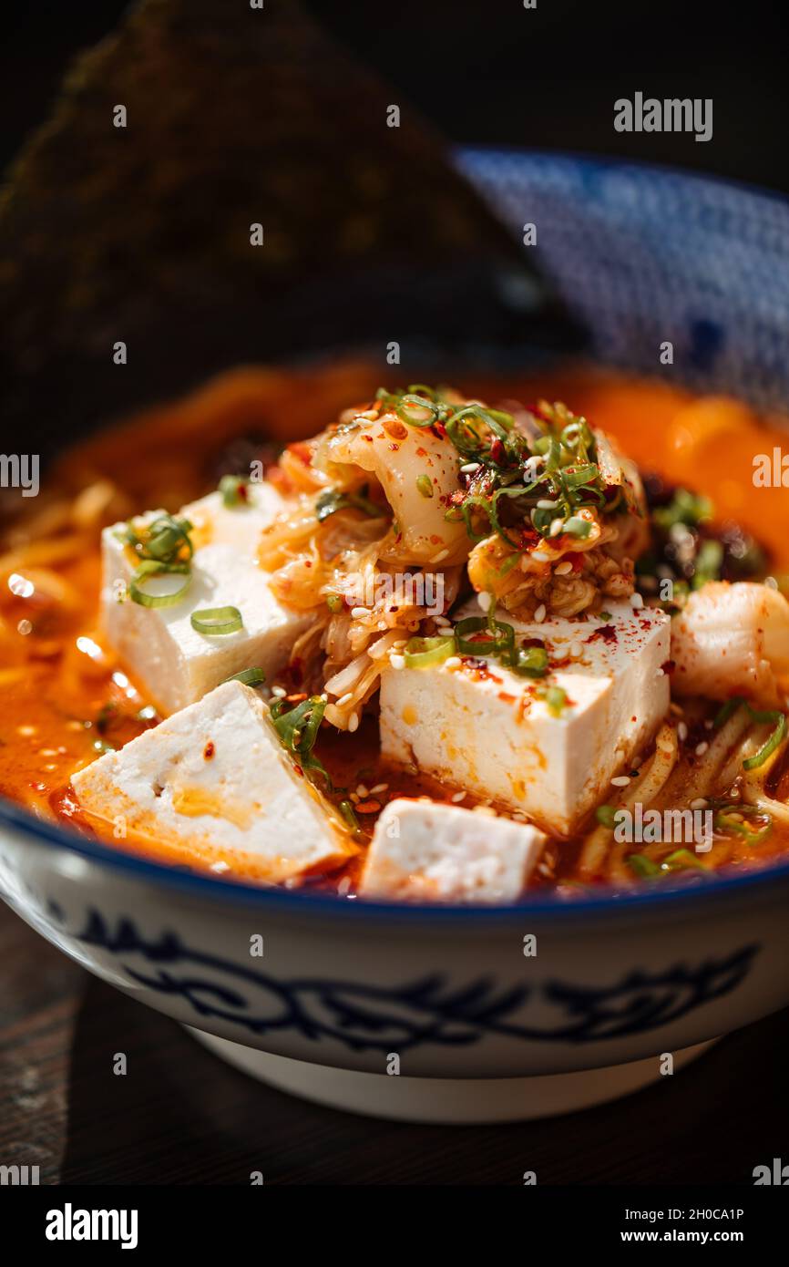 Spicy japanese miso tofu ramen with kimchi Stock Photo Alamy