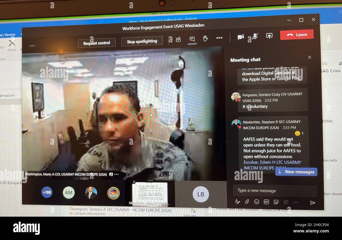 WIESBADEN, Germany – From his office, Col. Mario Washington, U.S. Army Garrison Wiesbaden commander, answers questions about the COVID-19 vaccination rollout at the virtual workforce engagement meeting Jan. 22, 2021. Stock Photo
