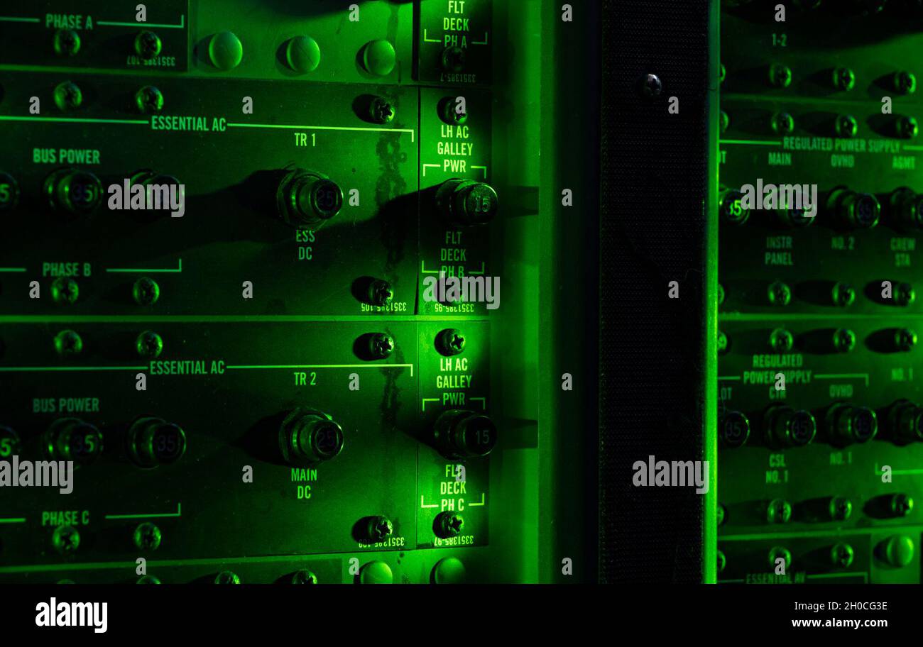 A pilot side circuit breaker panel lights up on a C130J Super Hercules