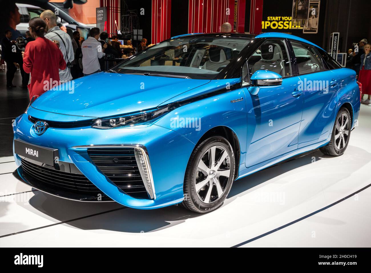 Toyota Mirai electric fuel cell vehicle showcased at the Paris Motor Show. Paris, France - October 2, 2018. Stock Photo