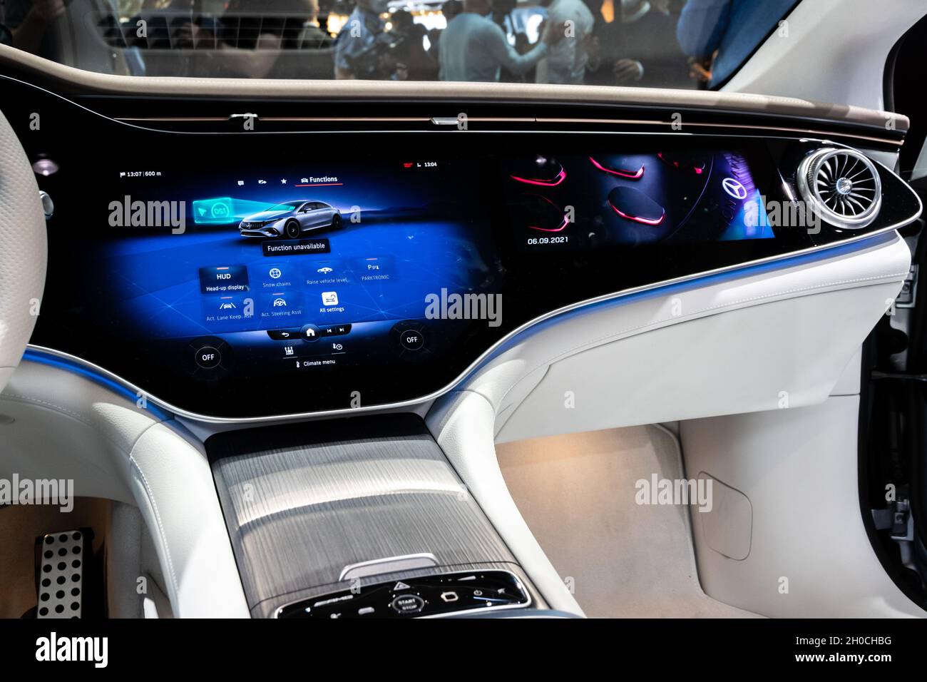 Interior view of the Mercedes-AMG EQS 53 full electric performance car showcased at the IAA Mobility 2021 motor show in Munich, Germany - September 6, Stock Photo