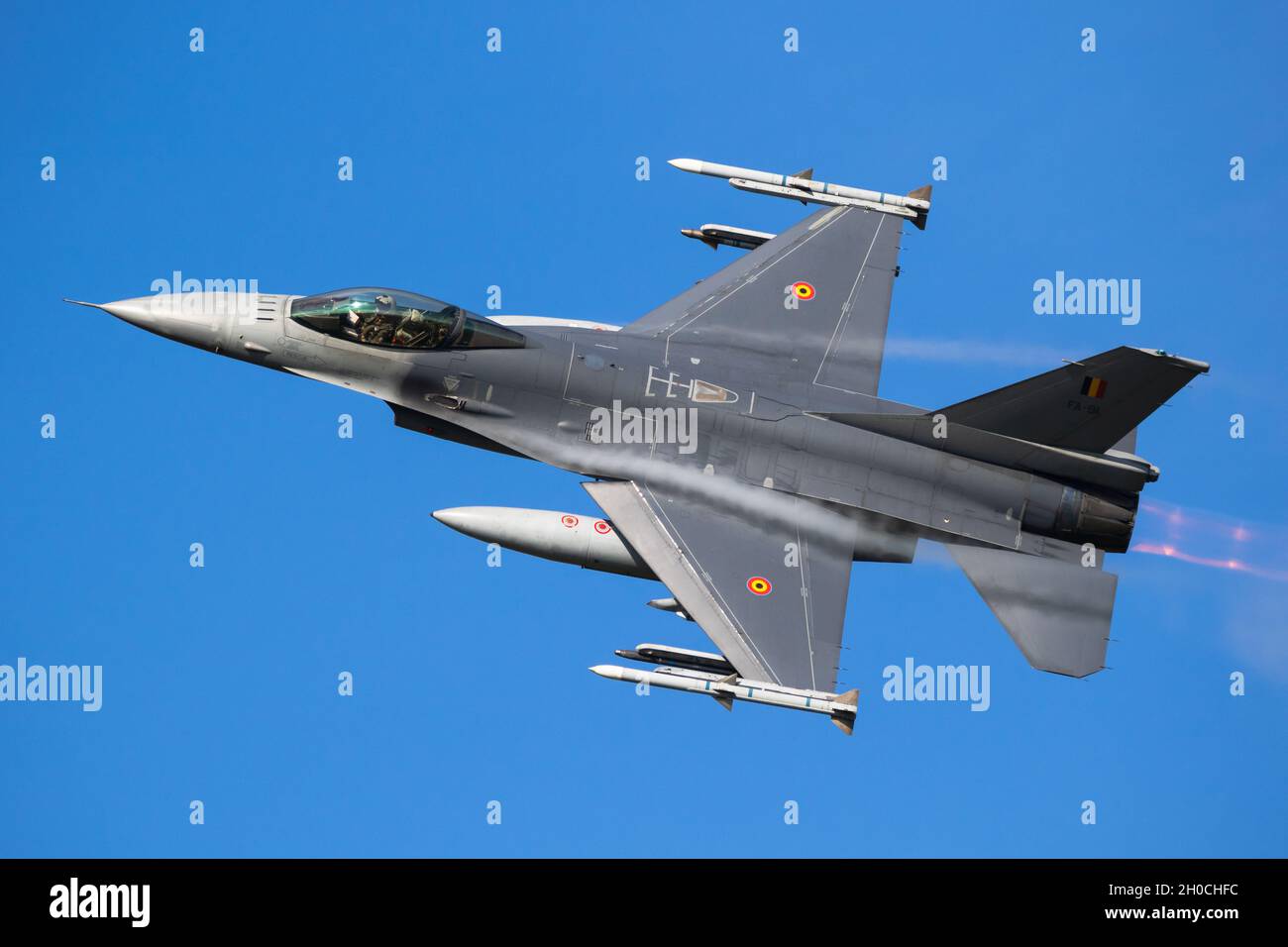 Belgian Air Force General Dynamics F-16 Fighting Falcon multirole fighter jet taking off from Leeuwarden Air Base. October 7, 2021 Stock Photo