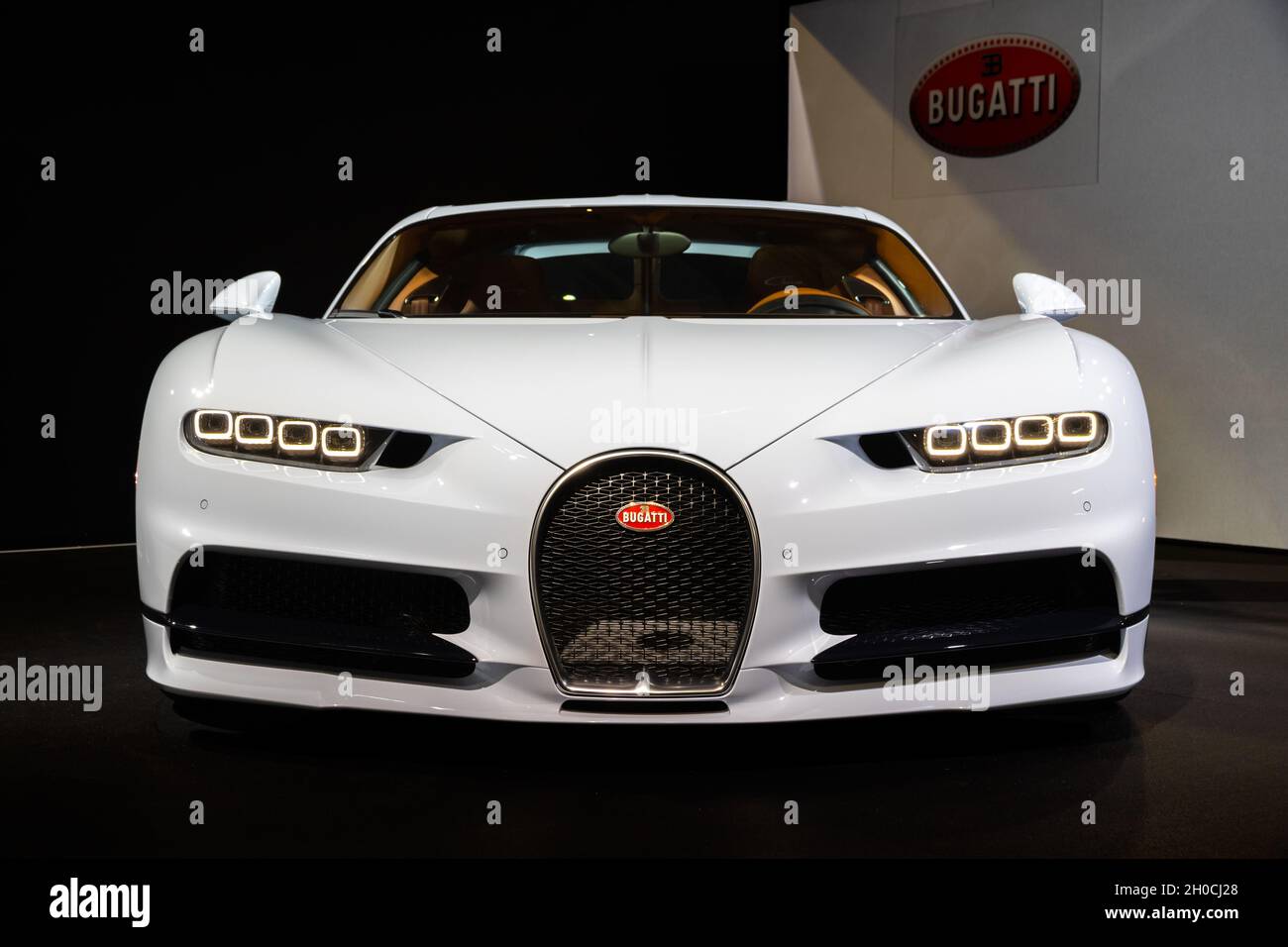 Bugatti Chiron 8.0 W16 DSG Sequential sports car showcased at the Paris Motor Show. October 2, 2018 Stock Photo