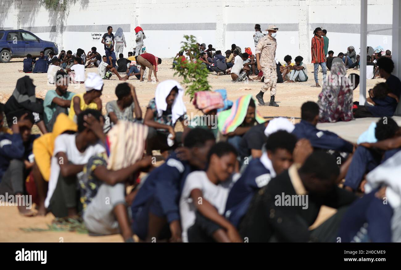 Tripoli, Libya. 11th Oct, 2021. Migrants are temporarily settled in the Ain  Zara shelter in Tripoli, Libya, on Oct. 11, 2021. A group of illegal  migrants were taken to a temporary reception