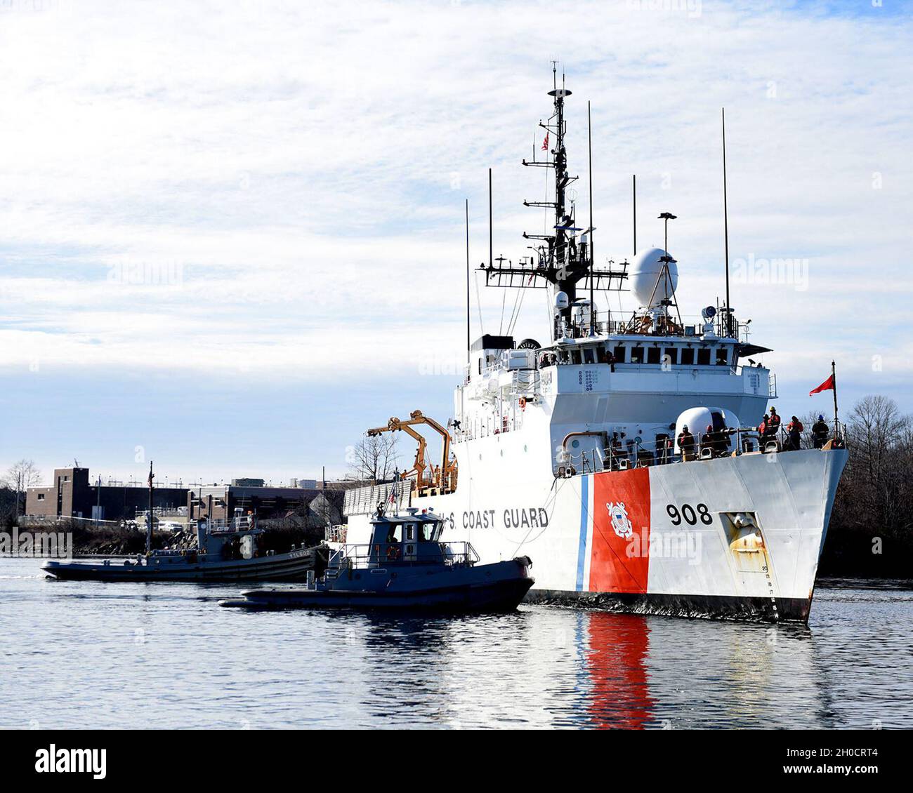 The U.S. Coast Guard Cutter Tahoma (WMEC 908) crew prepares to moor at  their homeport in Kittery, Maine, January 26, 2020. The crew conducted 28  at-sea law enforcement boardings and responded to