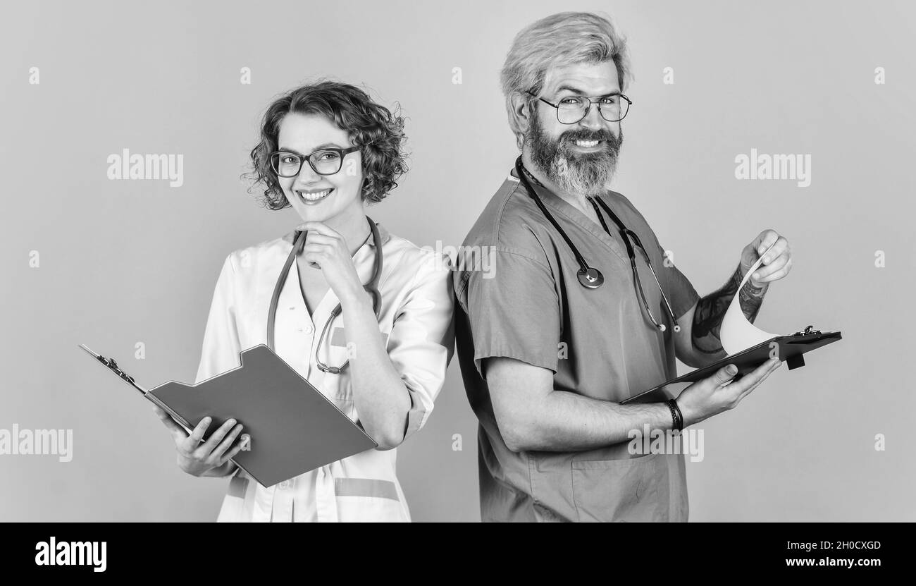 Emotional health. doctors of medicine talking. medical workers portrait in hospital. medicine and healthcare concept. team of doctor and nurse Stock Photo