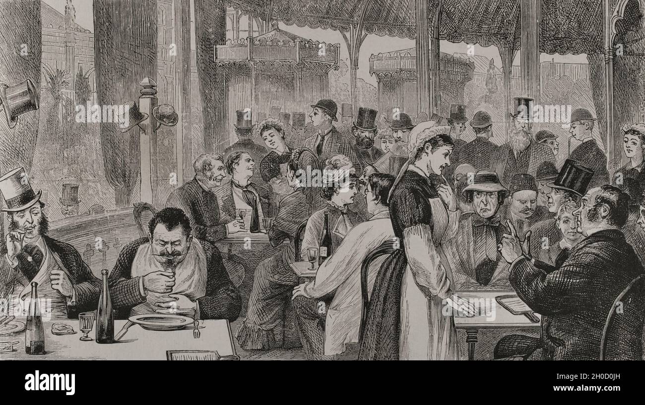 History of France. Paris. Universal Exhibition of 1878. It was held from May 1 to November 10, 1878. Interior of the 'Bouillon Duval', in the Trocadero Park. Engraving. La Ilustración Española y Americana, 1878. Stock Photo