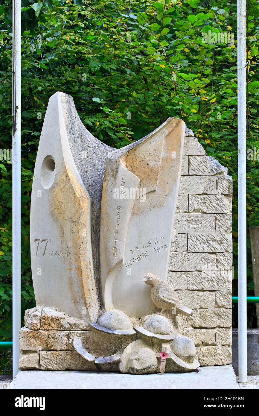 The Lost Battalion Memorial near where the 77th Division got isolated in October 1918 in the Argonne Forest near Binarville (Marne), France Stock Photo