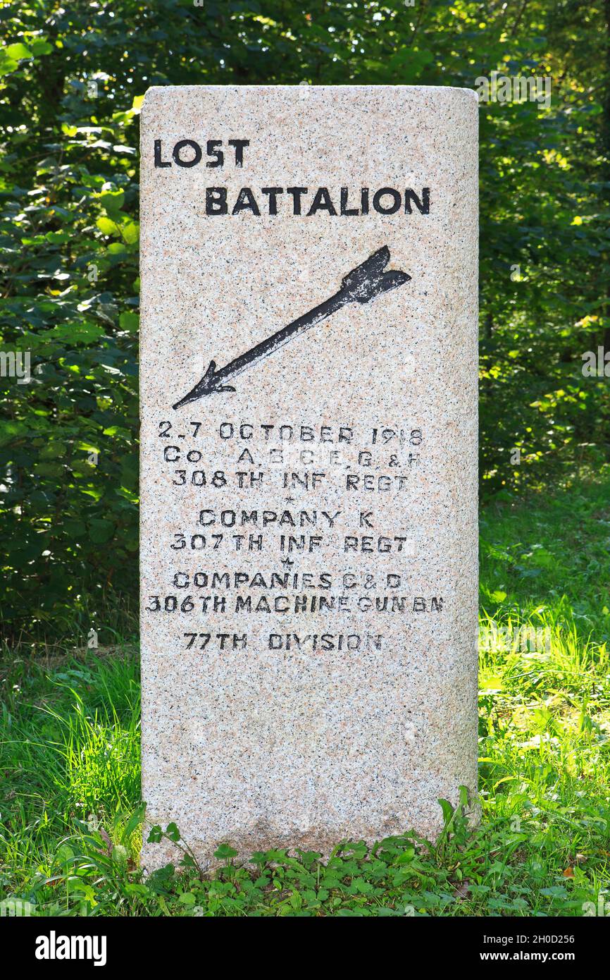 The Lost Battalion marker where the 77th Division got isolated in October 1918 in the Argonne Forest near Binarville (Marne), France Stock Photo