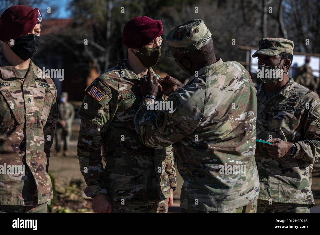 U.S. Army Sgt. Joseph Cooper of the 82nd Airborne Division is awarded the Army Commendation Medal for finishing in 2nd place during the 2021 Command Sgt. Maj. Jack L. Clark, Jr. U.S. Army Best Medic Competition (ABMC) on Fort Gordon, Ga., Jan. 28, 2021. To qualify for the competition, Soldiers must have already earned the Combat Medical Badge or the Expert Field Medical Badge. The ABMC took place from Jan. 25-28 at Fort Gordon, Ga. Soldiers competed in teams of two. The 72-hour event is physically and intellectually challenging. The Soldiers operated in a demanding, continuous, and realistic o Stock Photo