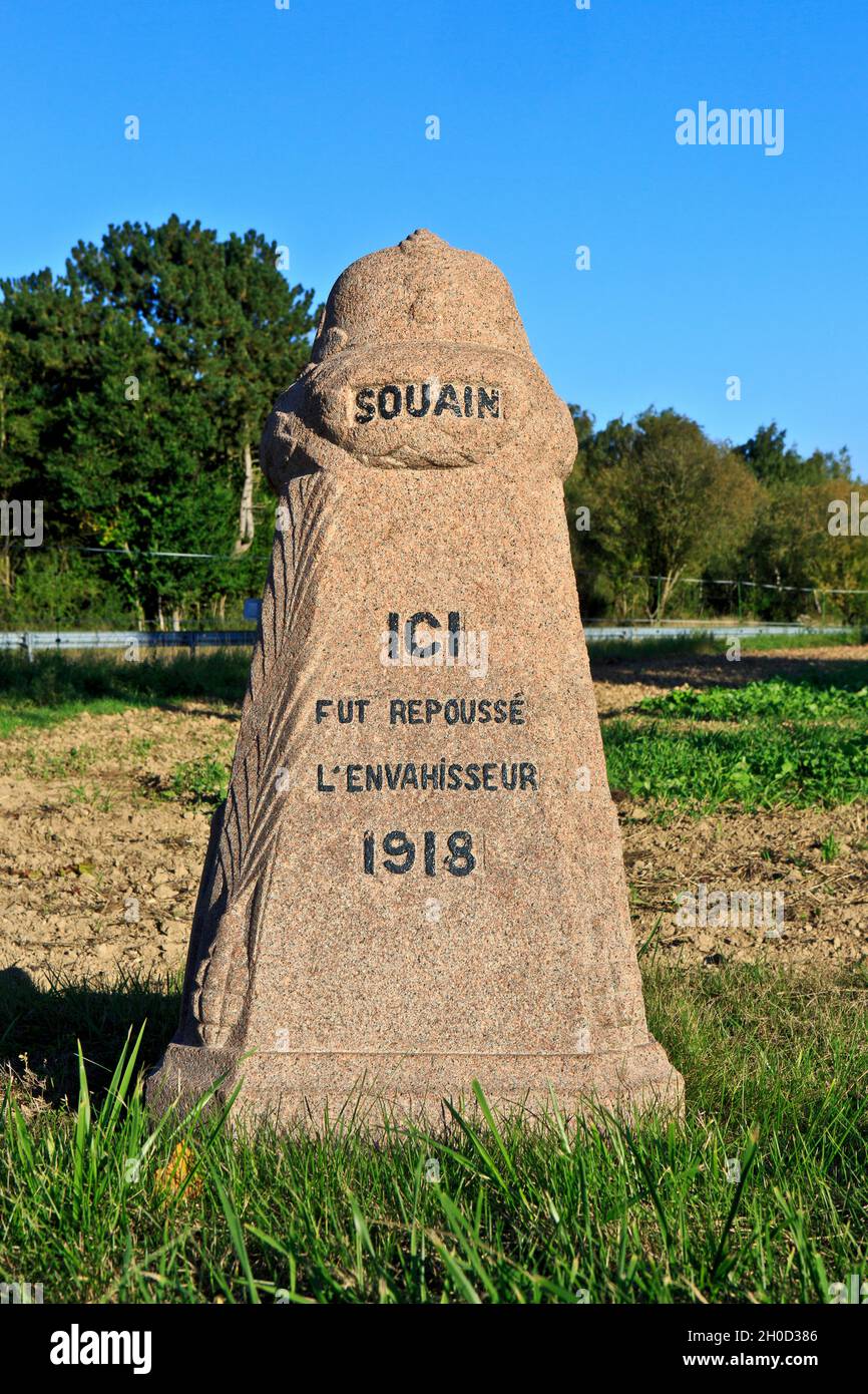 A French World War I demarcation stone in Souain-Perthes-les-Hurlus (Marne), Belgium Stock Photo