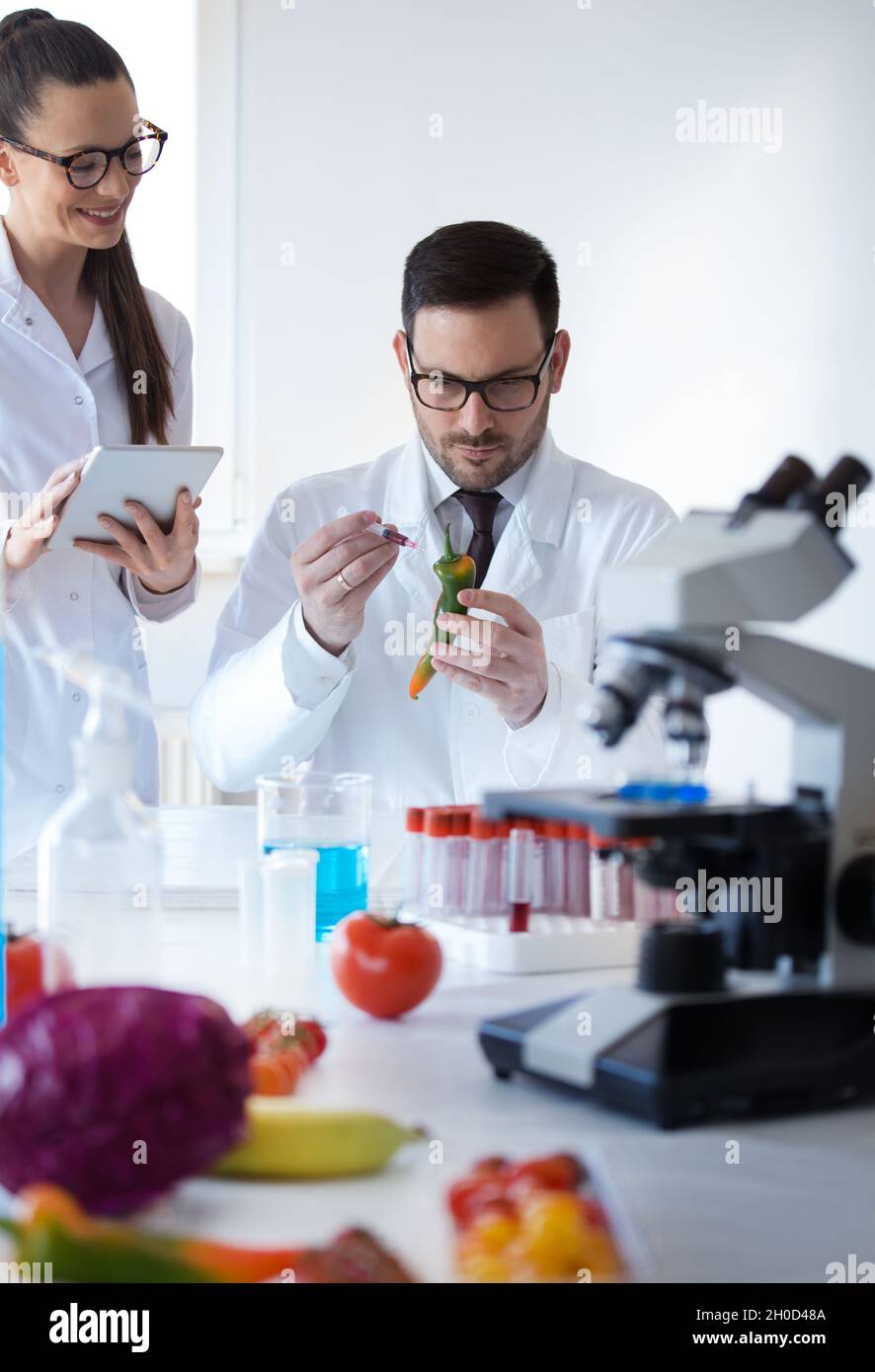 Two scientists working on vegetables with syringe in laboratory Stock Photo