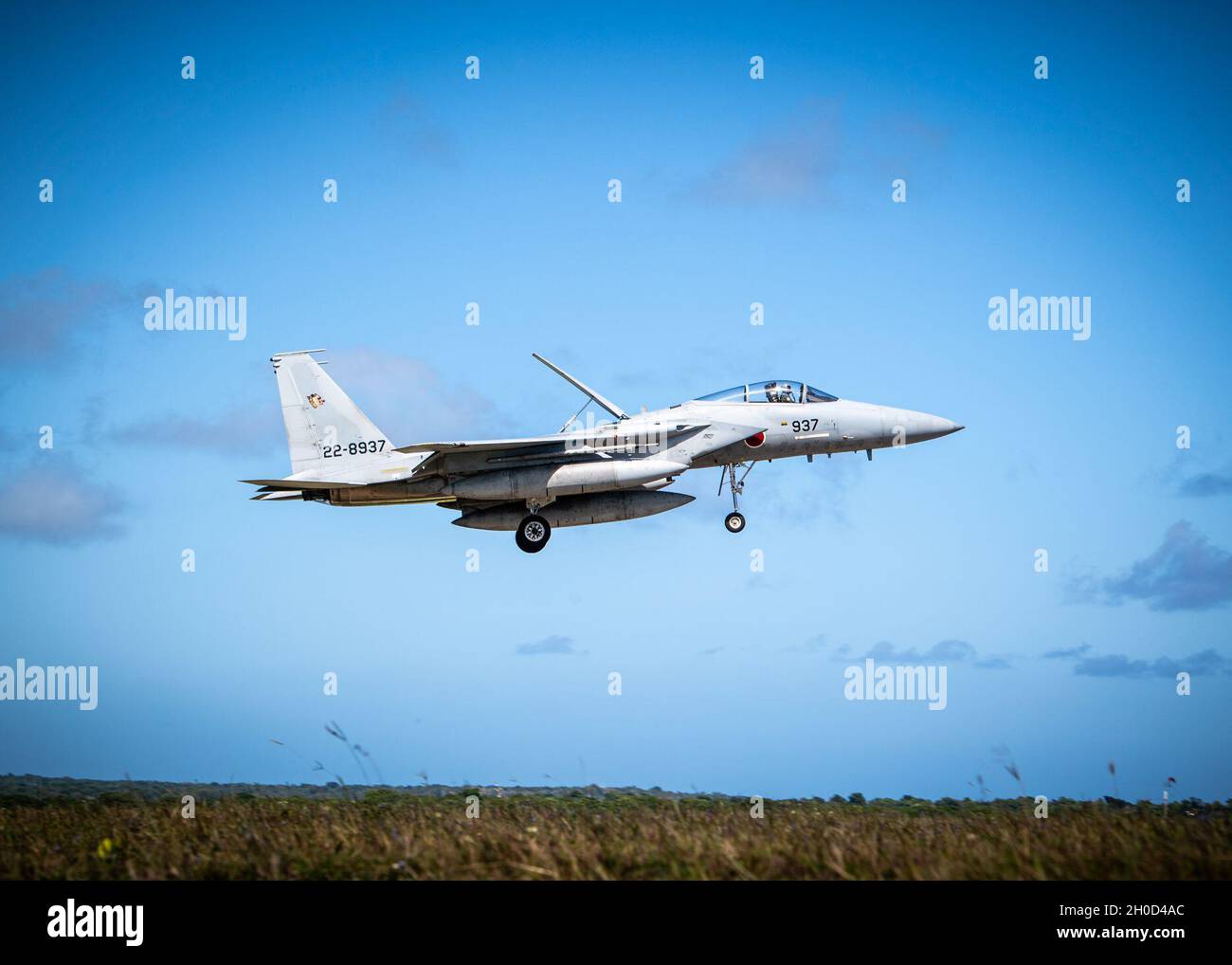 A Japan Air Self-Defense Force, or Koku-Jieitai, F-15J Eagle prepares to land at Andersen Air Force Base, Guam, during exercise Cope North 21, Jan. 28, 2021.  Cope North is an annual exercise that serves as a keystone event to promote stability and security throughout the Indo-Pacific. Stock Photo