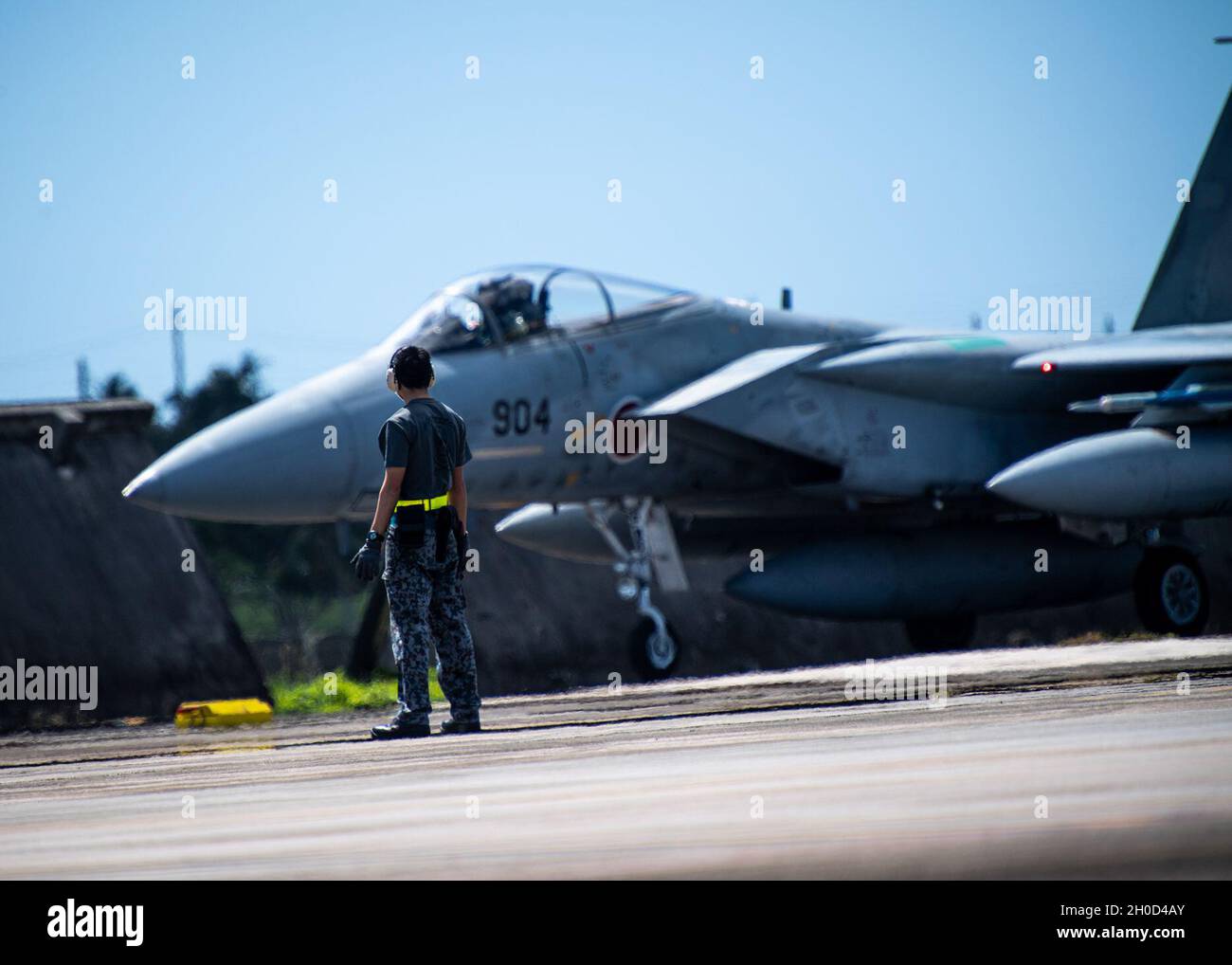 A Japan Air Self-Defense Force, or Koku-Jieitai, F-15J Eagle pulls into its parking space at Andersen Air Force Base, Guam, during exercise Cope North 21, Jan. 28, 2021.  Cope North is an annual exercise that serves as a keystone event to promote stability and security throughout the Indo-Pacific. Stock Photo