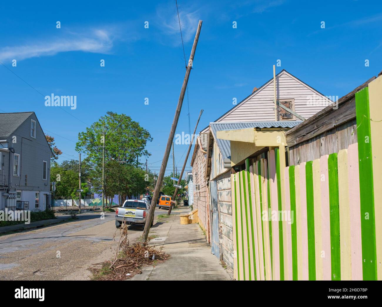 NEW ORLEANS, LA, USA OCTOBER 9, 2021 Utility poles bent by Hurricane