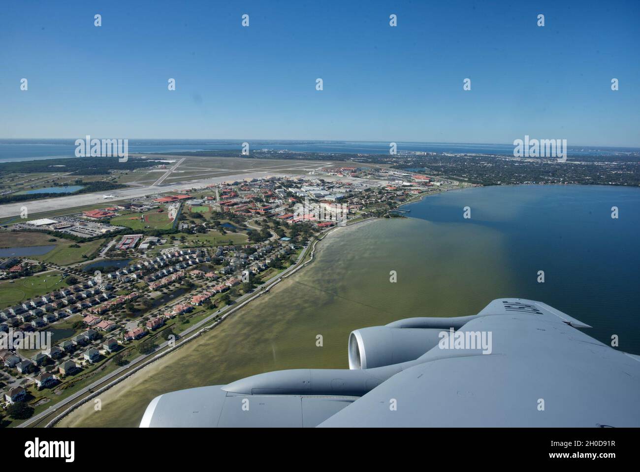 Aerial photo taken of MacDill Air Force Base on January 29, 2021.  MacDill AFB includes 28 associate units from all brances of service to include U.S. Central Command, U.S. Special Operations Command and the 927th Air Refueling Wing. Stock Photo