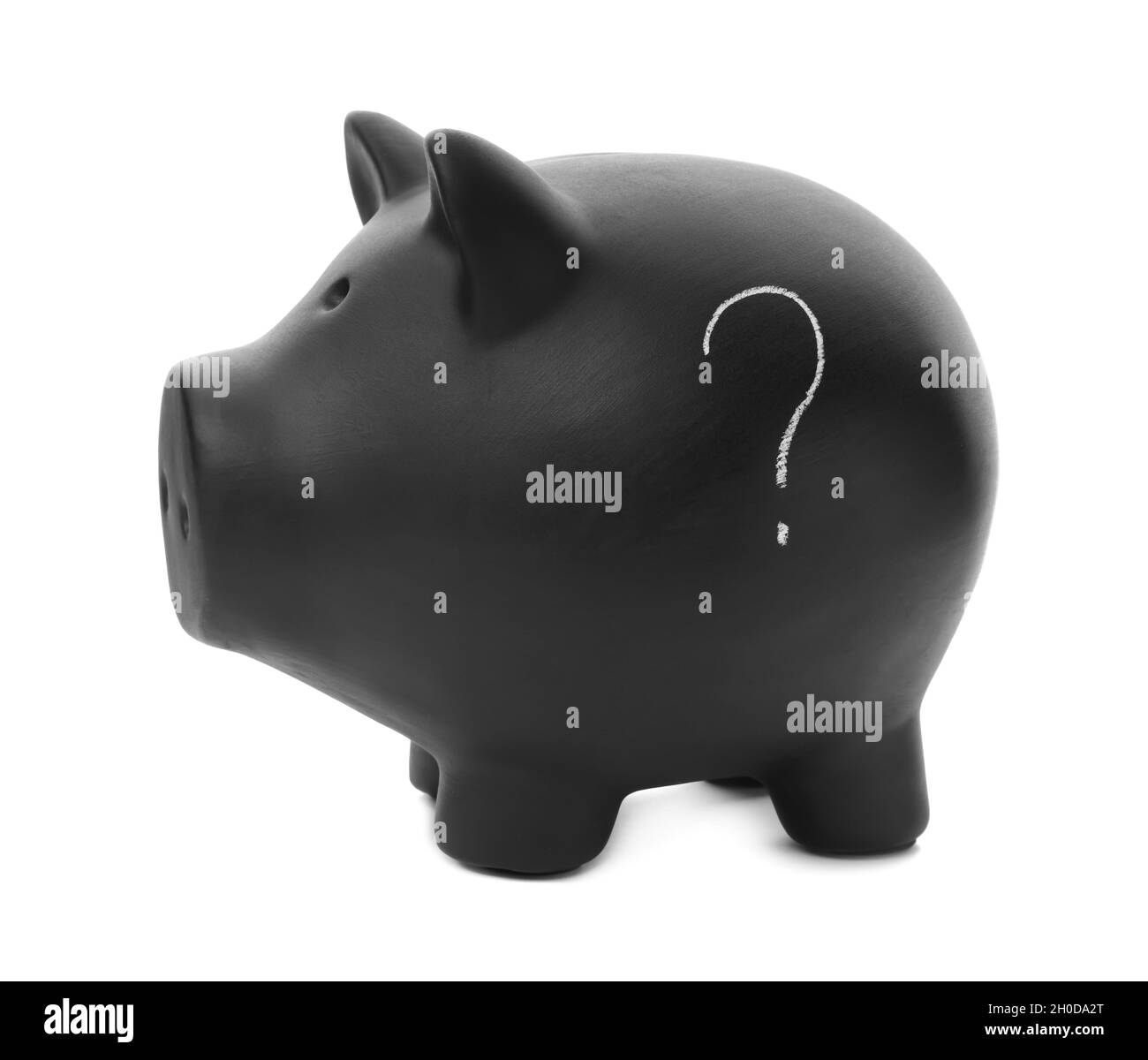 Black piggy bank with question mark on white background Stock Photo - Alamy