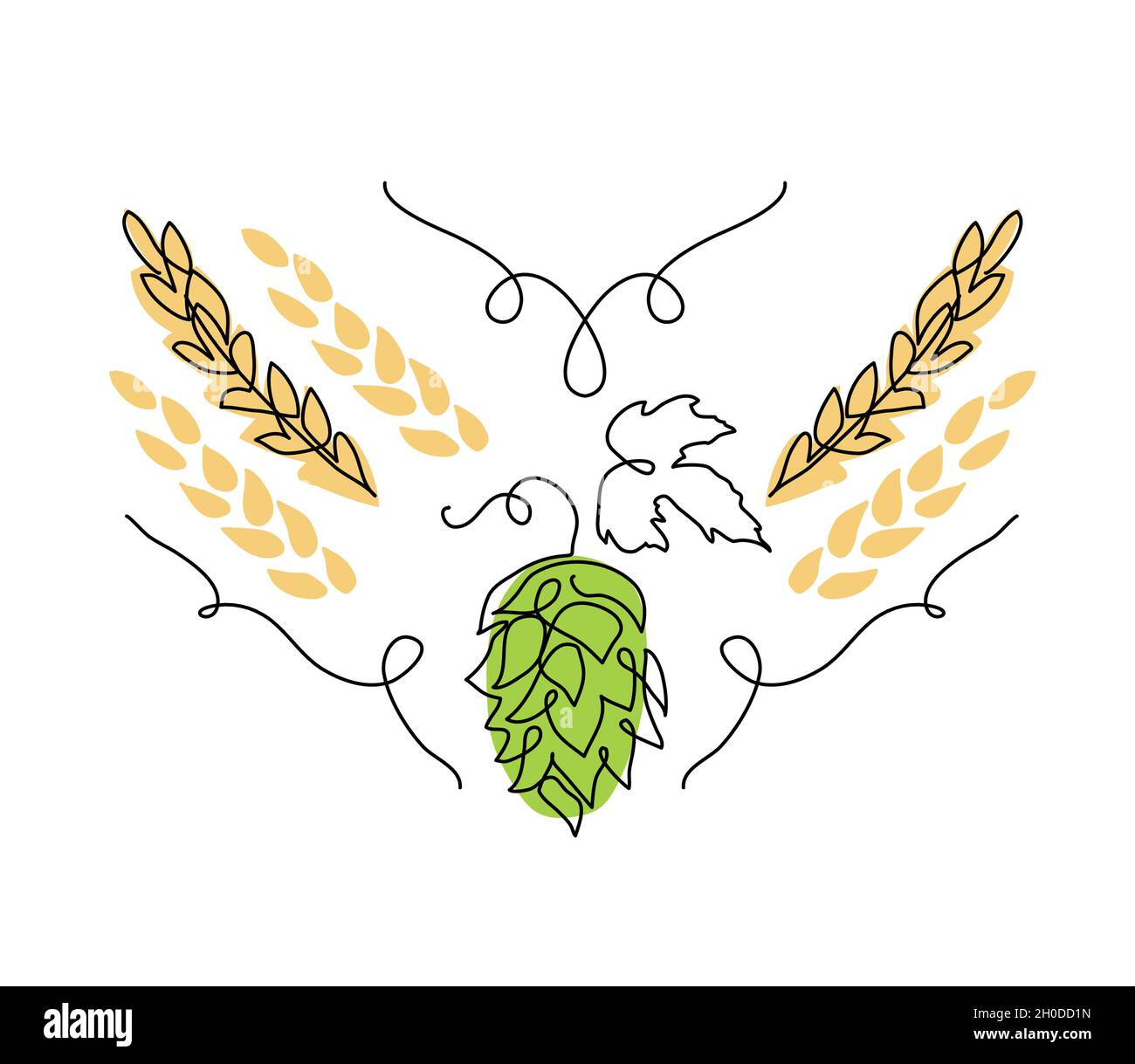 Hop herb and spikelets vector sketch. One continuous line art drawing illustration with hop and malt for beer or ale label design Stock Vector