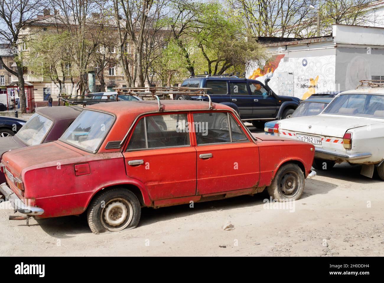 Lviv, Ukraine, 6.04.2019. Colorful vintage cars in the streets of Lviv