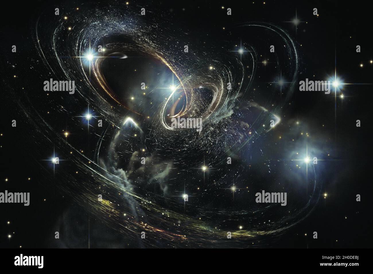 Gravity waves sci fi abstract background with interlacing spiral galactics and stars. Elements of this image furnished by NASA. Stock Photo