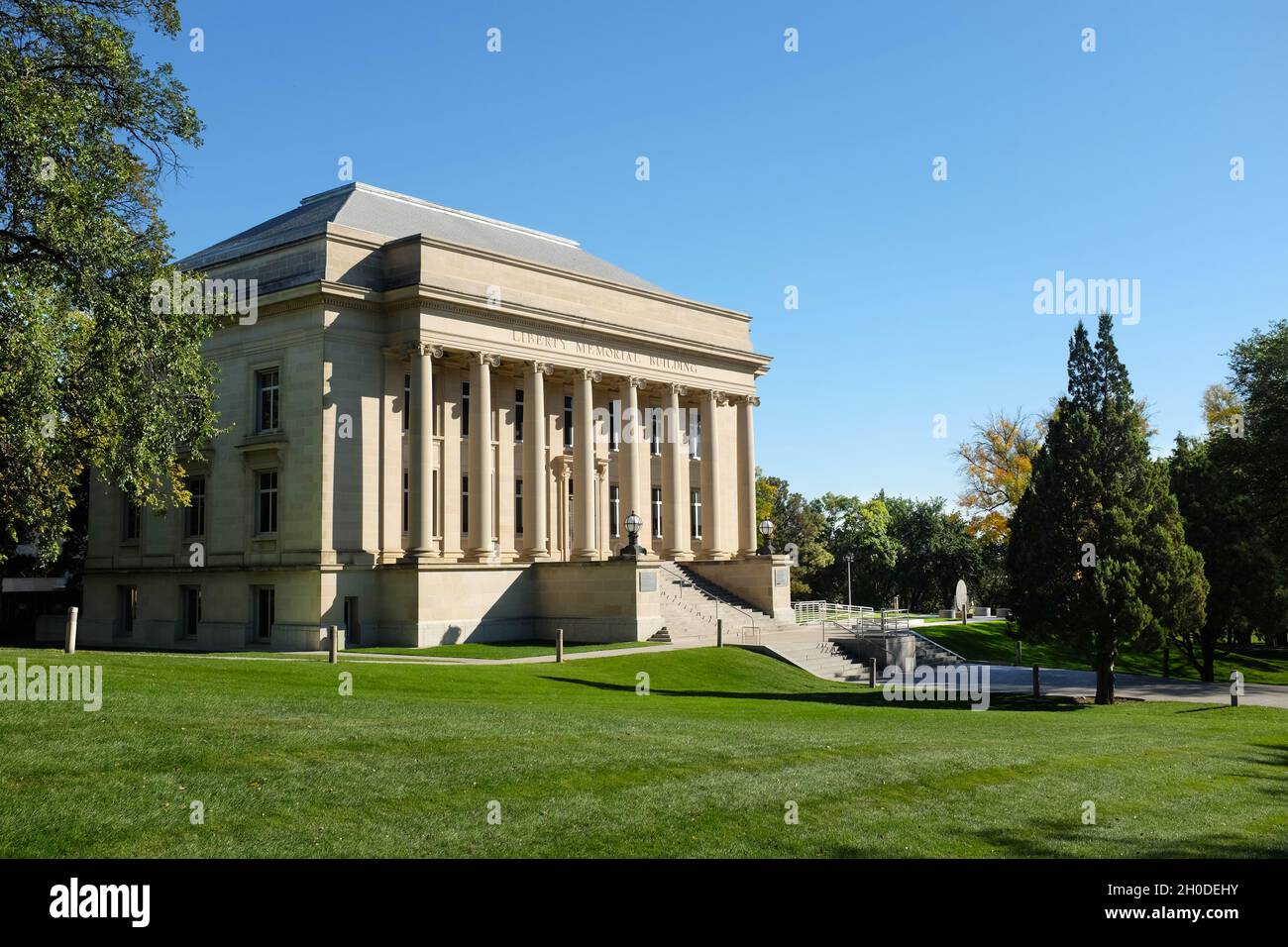BISMARCK, NORTH DAKOTA - 2 OCT 2021: The Liberty Memorial Building houses the North Dakota State Library on the grounds of the State Capitol. Stock Photo