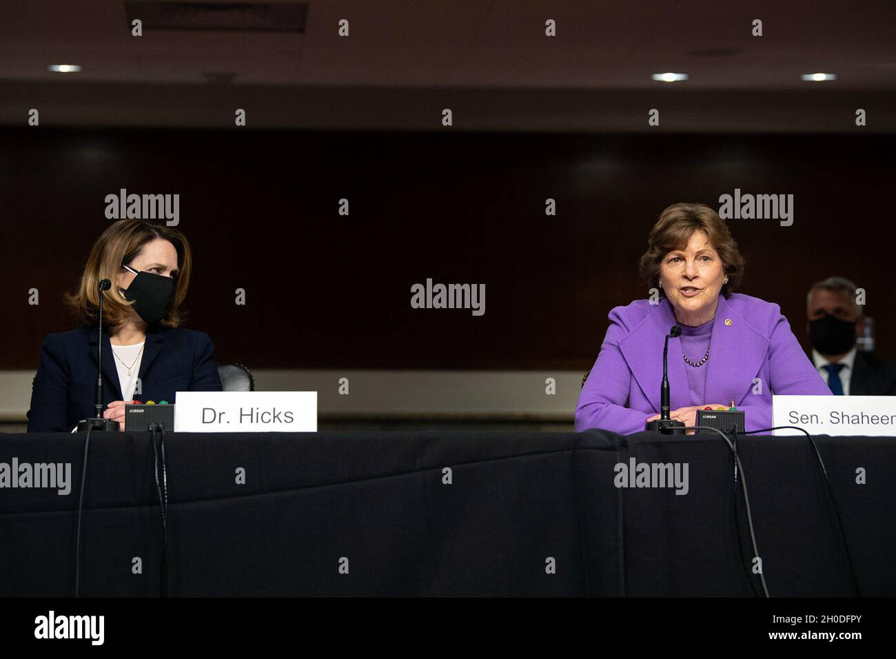 Sen. Jeanne Shaheen introduces Deputy Secretary of Defense nominee Kathleen Hicks during Hicks’s confirmation hearing in Washington, D.C. Feb. 2, 2021. Stock Photo