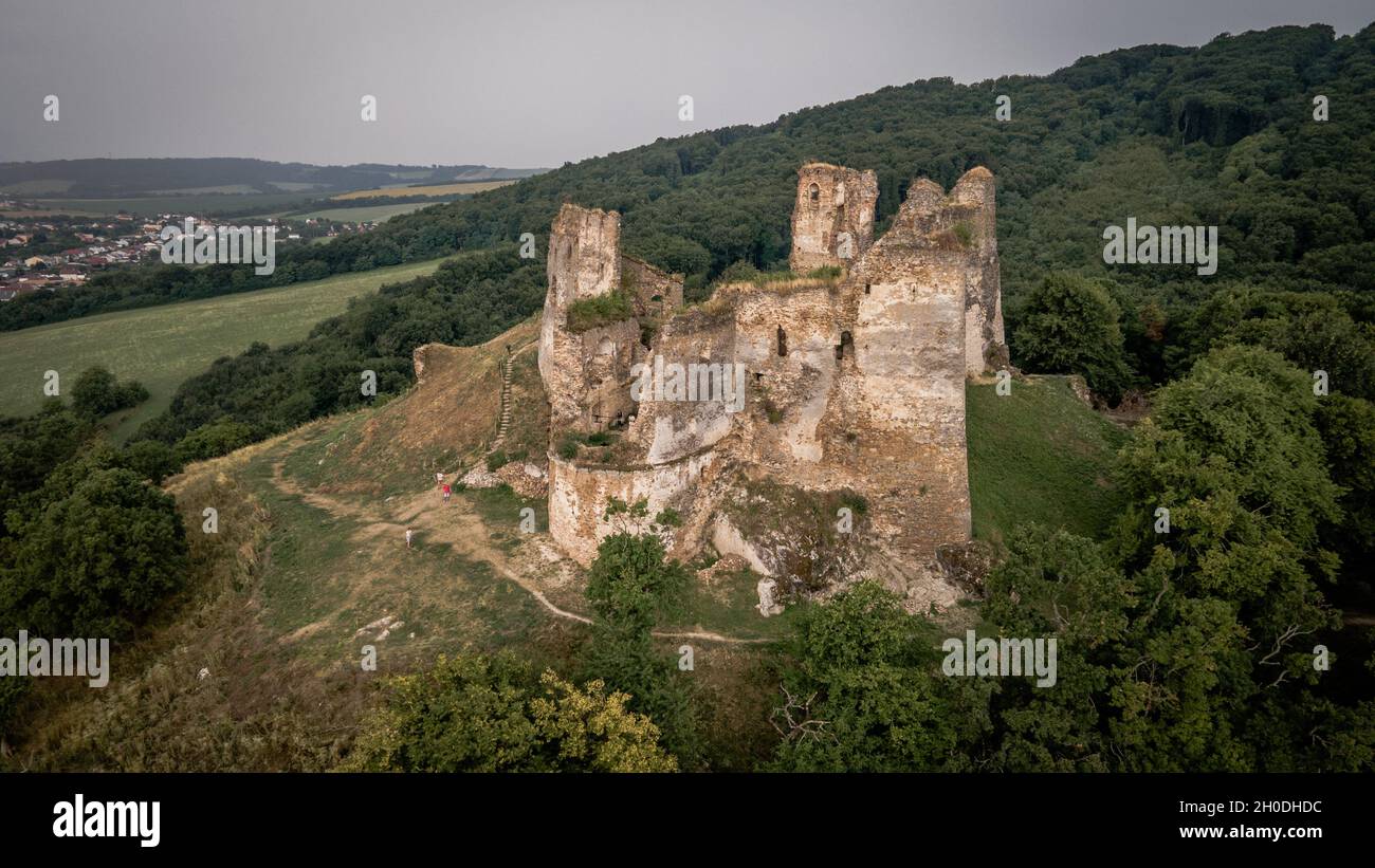 Aerial View Of Cicva Castle In Sedliska Village In Slovakia Stock Photo aerial-view-of-cicva-castle-in-sedliska-village-in-slovakia-stock-photo
