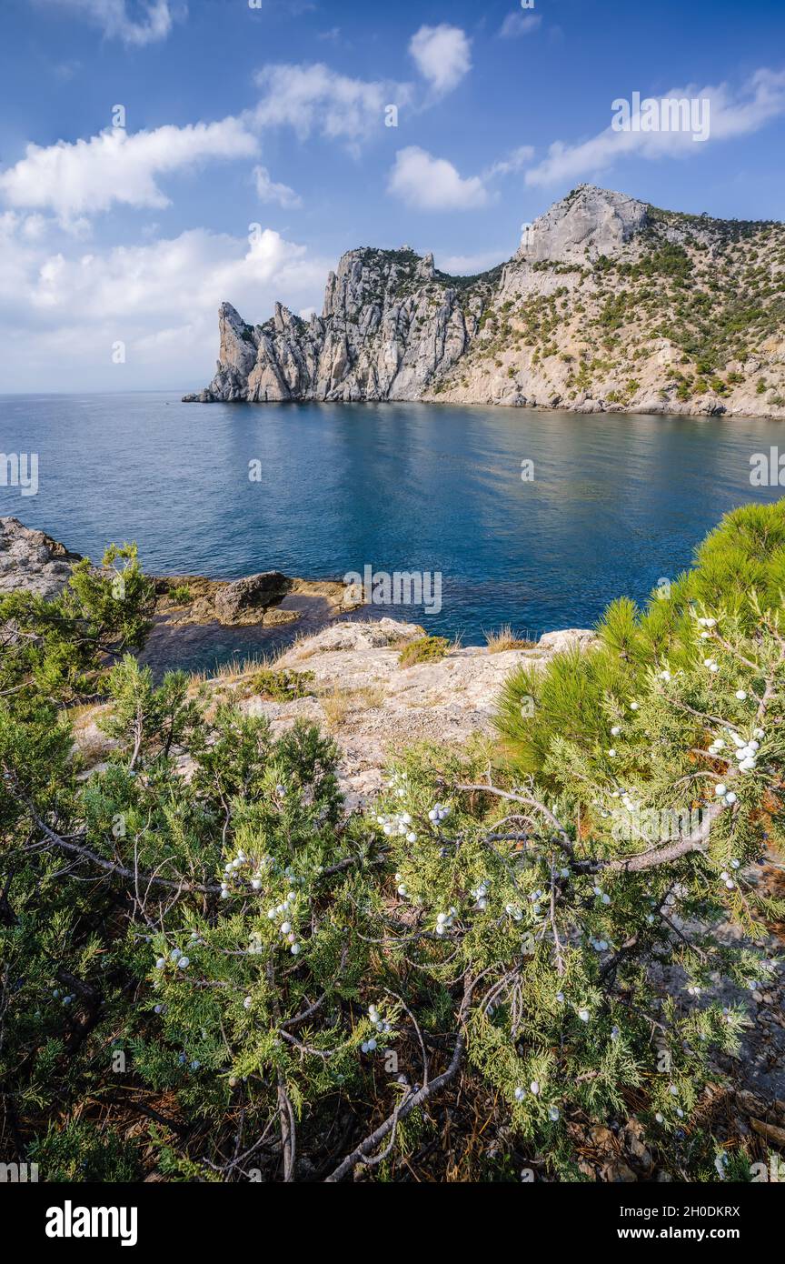 Southeast coast of Crimea, Mount Karaul-Oba and Robbery Bay, blue water and sky Stock Photo