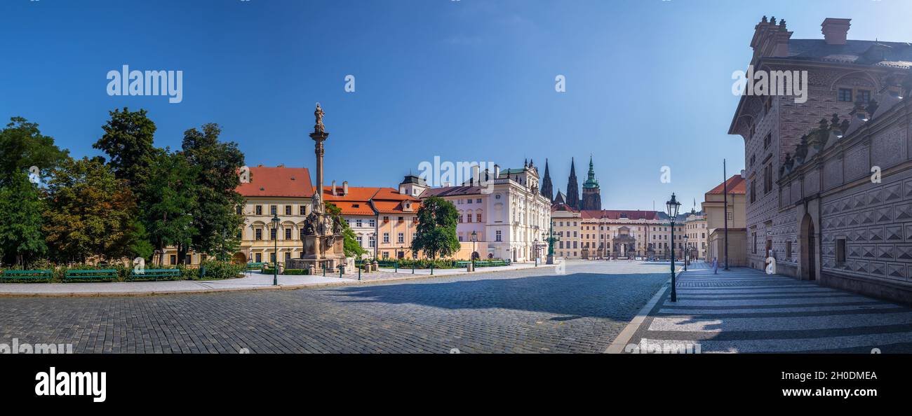 Archbishops Palace on Hradcany Square and main entrance to the first courtyard of Prague Castle, Prague, Czech Republic Stock Photo