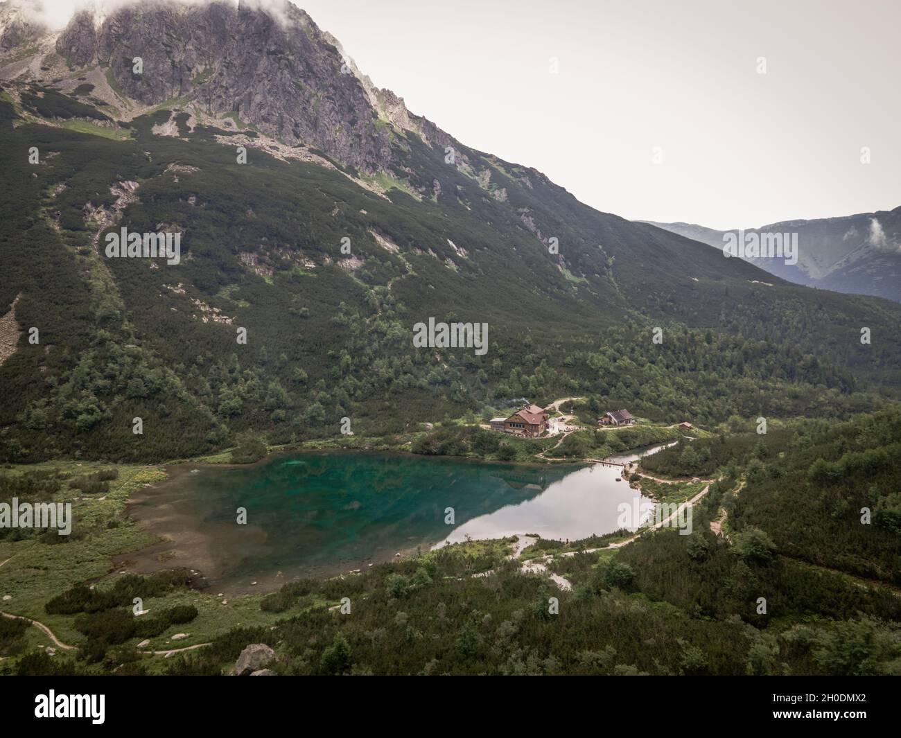 Aerial view of the lake Zelene pleso in the High Tatras in Slovakia Stock Photo