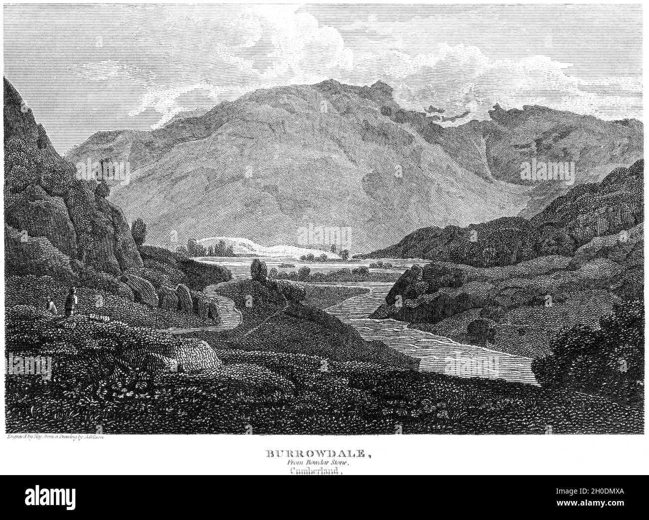 An engraving of Burrowdale (Borrowdale) from Bowder Stone, Cumberland UK scanned at high resolution from a book printed in 1812. Copyright free. Stock Photo