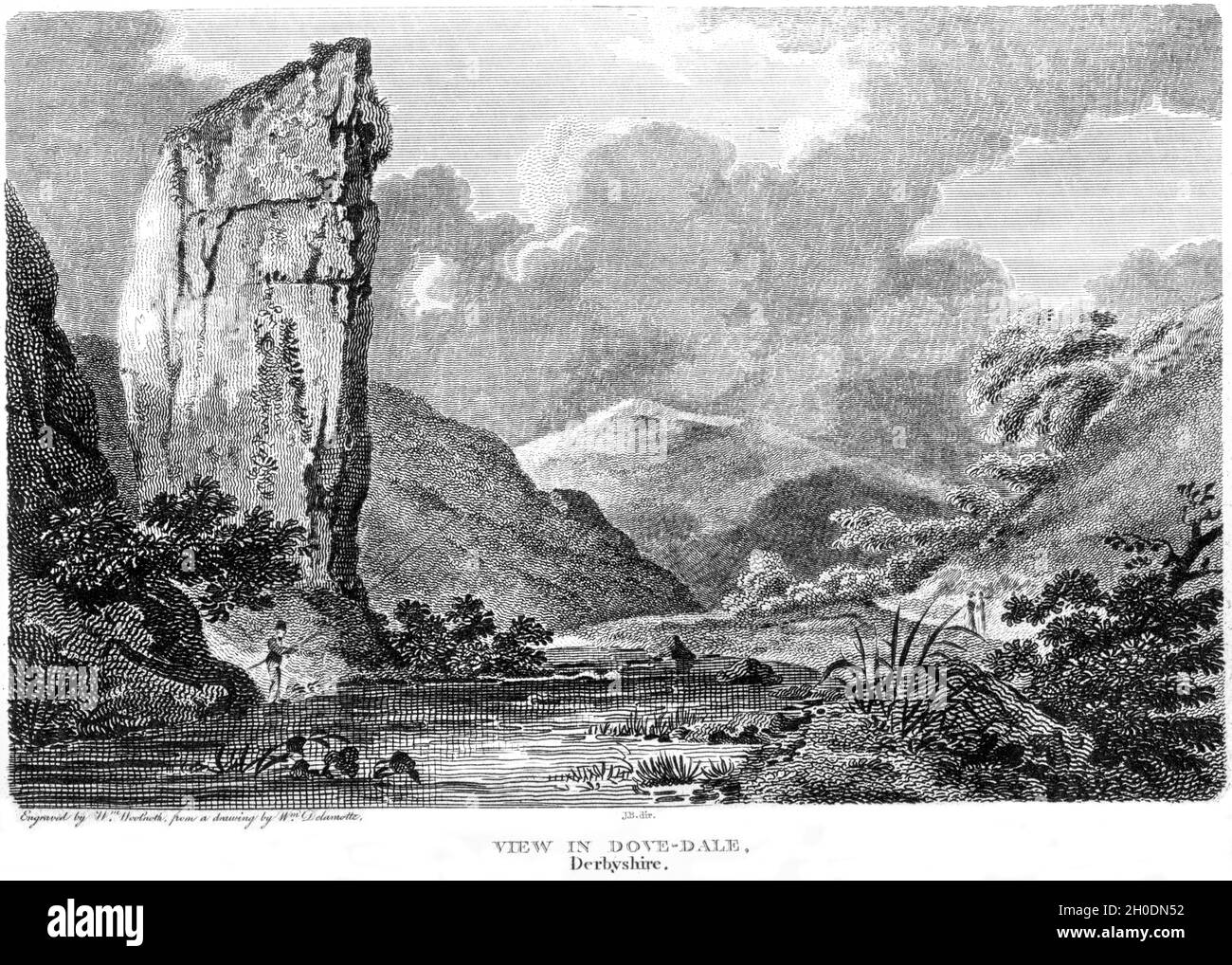 An engraving of a View in Dove-Dale (Dovedale) Derbyshire UK scanned at high resolution from a book printed in 1812. Believed copyright free. Stock Photo