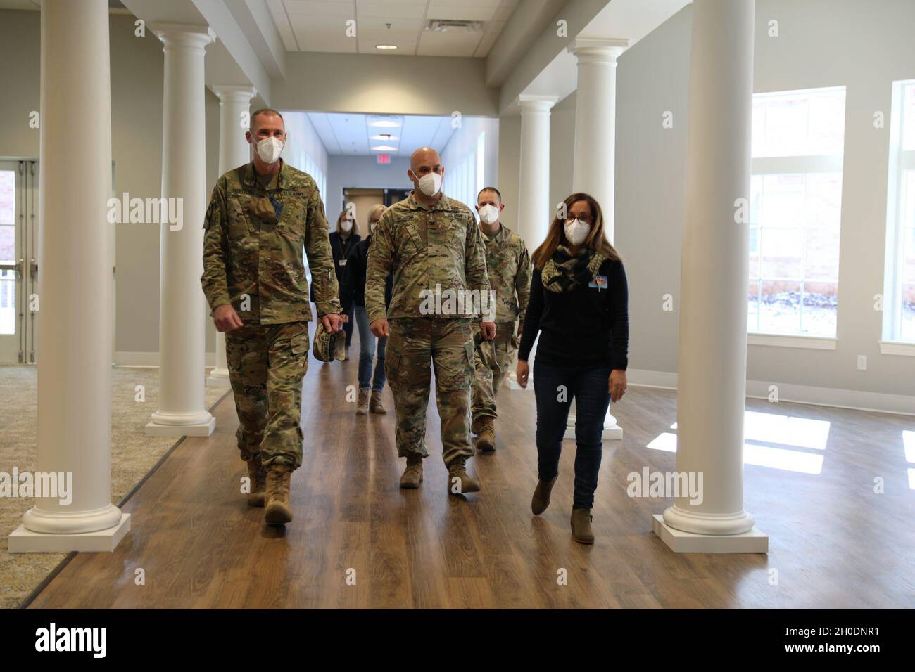 Karen Venis, CEO of Sayre Christian Village, leads Kentucky National Guard leadership through her long term healthcare facility during a command visit in Lexington, Ky., 3 Feb. Kentucky Gov. Andy Beshear directed troops to supplement long term healthcare facilities in COVID 19 hot spots throughout Kentucky. Stock Photo