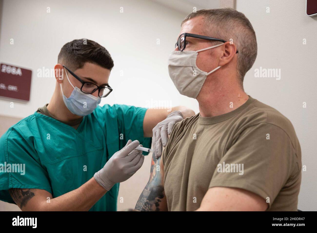 Army Capt. Darren Hamby, assigned to Joint Task Force Civil Support,  receives the COVID-19 vaccination at McDonald Army Health Center. JTF-CS  members were able to take the vaccine on a voluntary basis