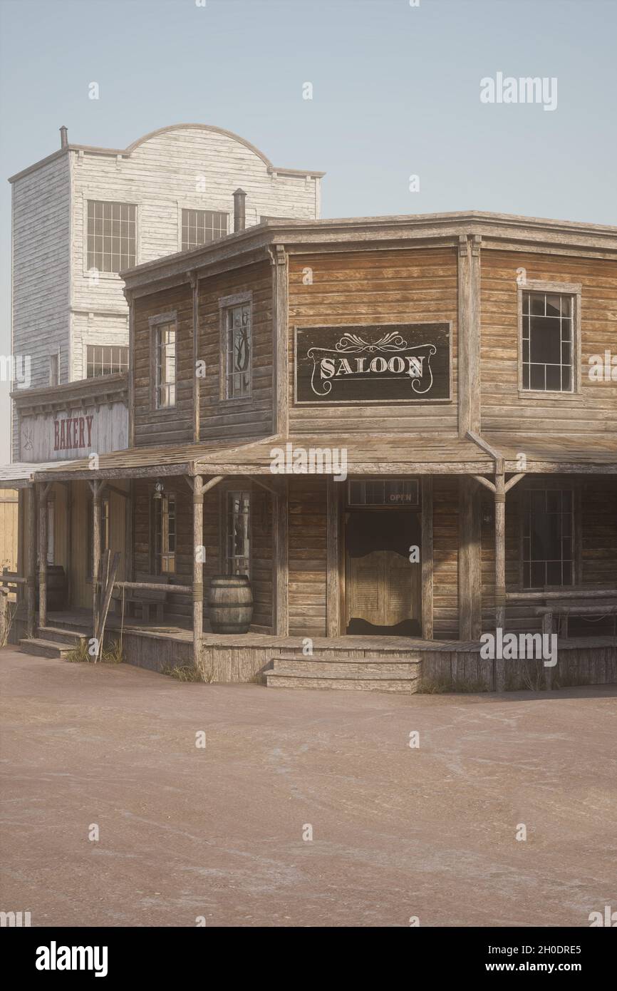 Portrait format 3D illustration of a saloon bar in and old wild west town. Stock Photo