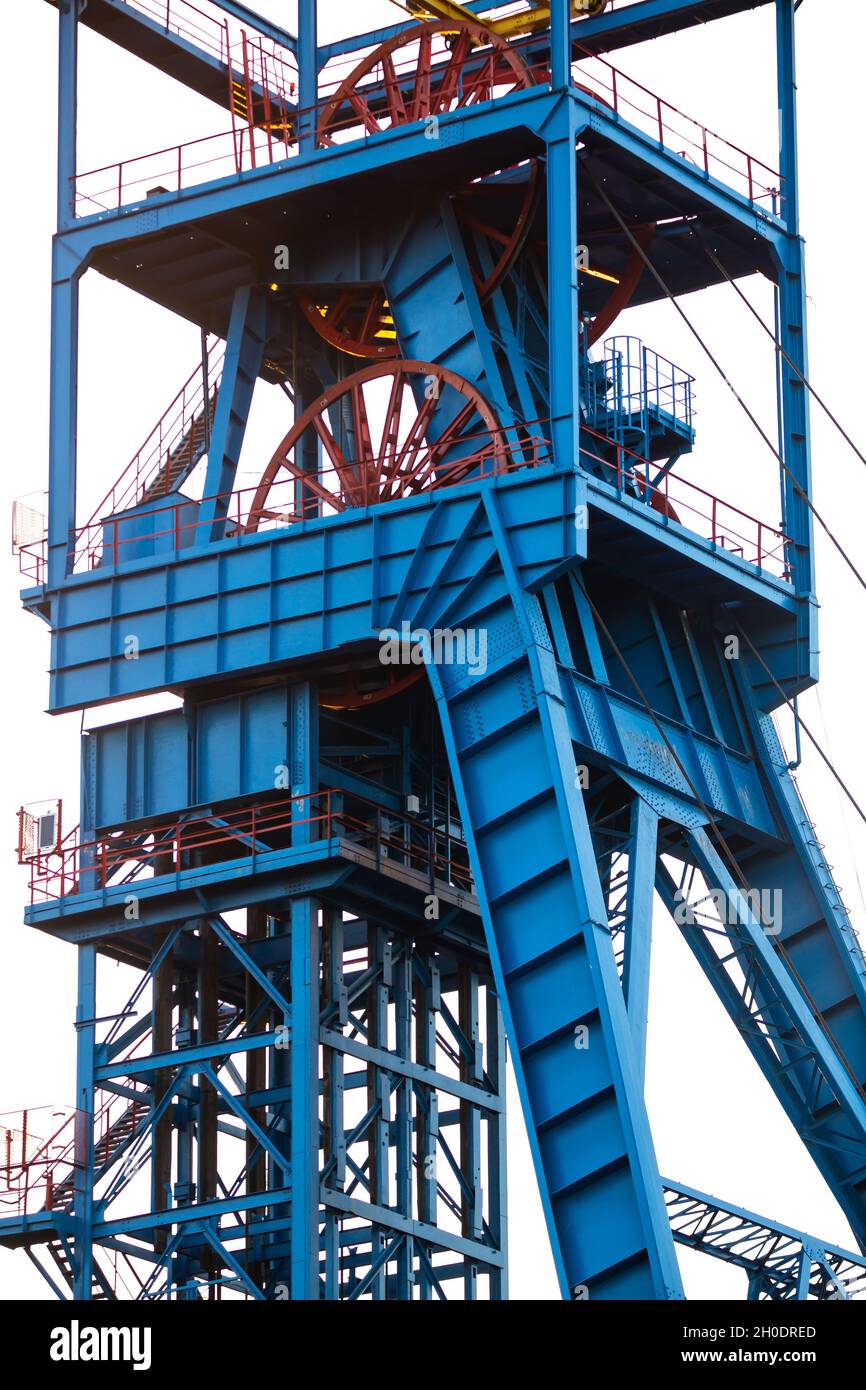 The elevator of the hoist shaft in the black coal mine. Coal mine hoist