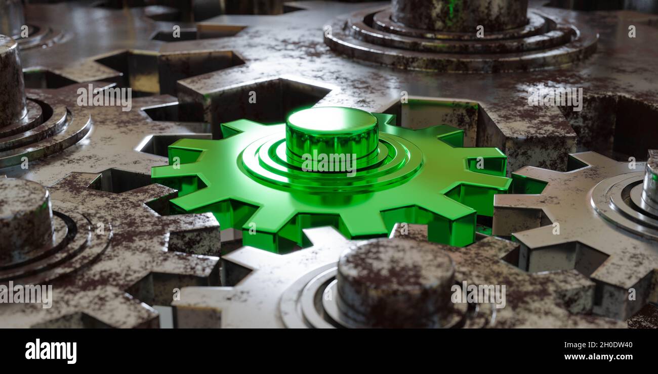 green engineering gear wheel engine in working machine 3d render illustration Stock Photo Alamy