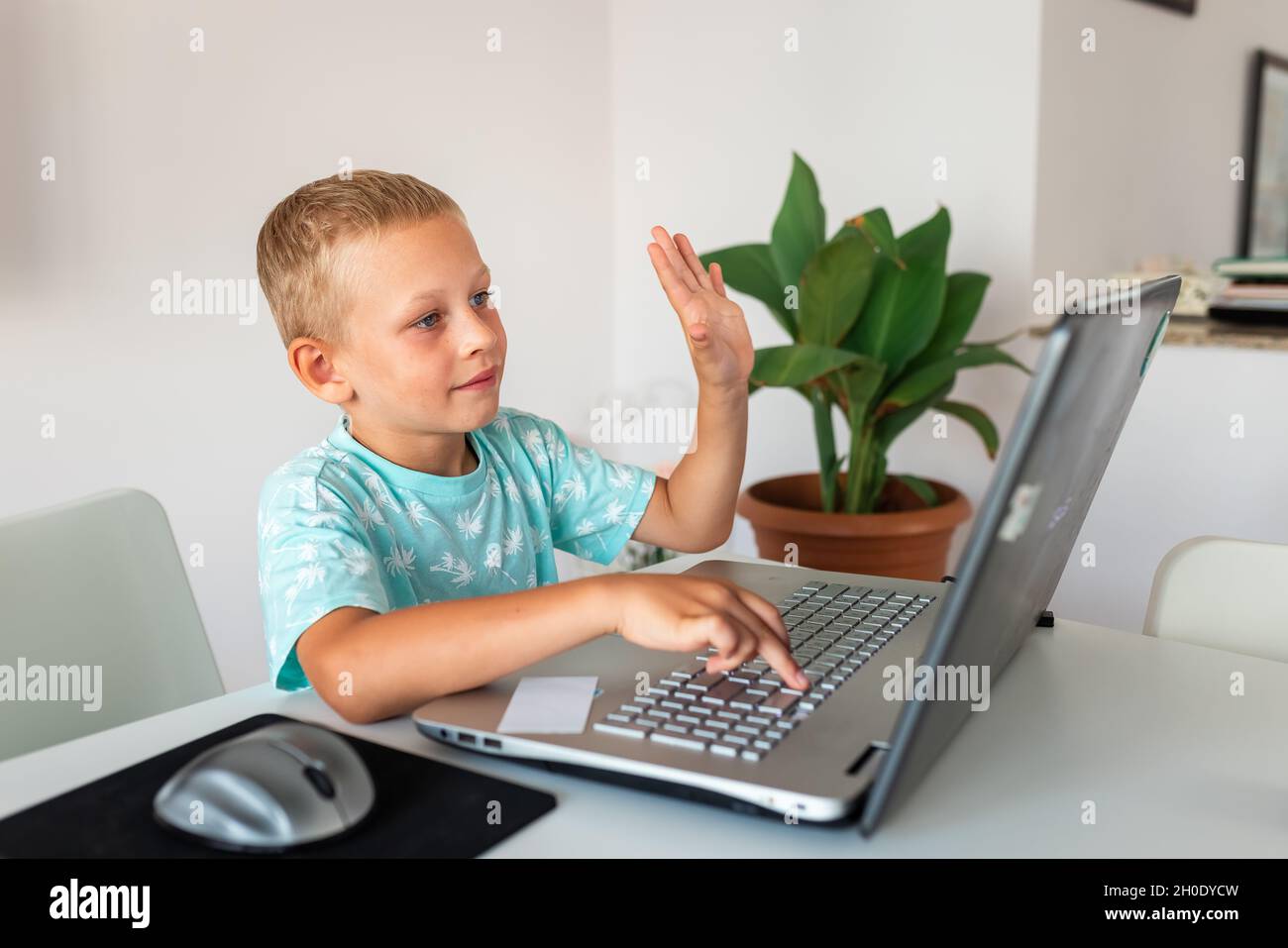 Little young school boy working at home with a laptop and class notes ...