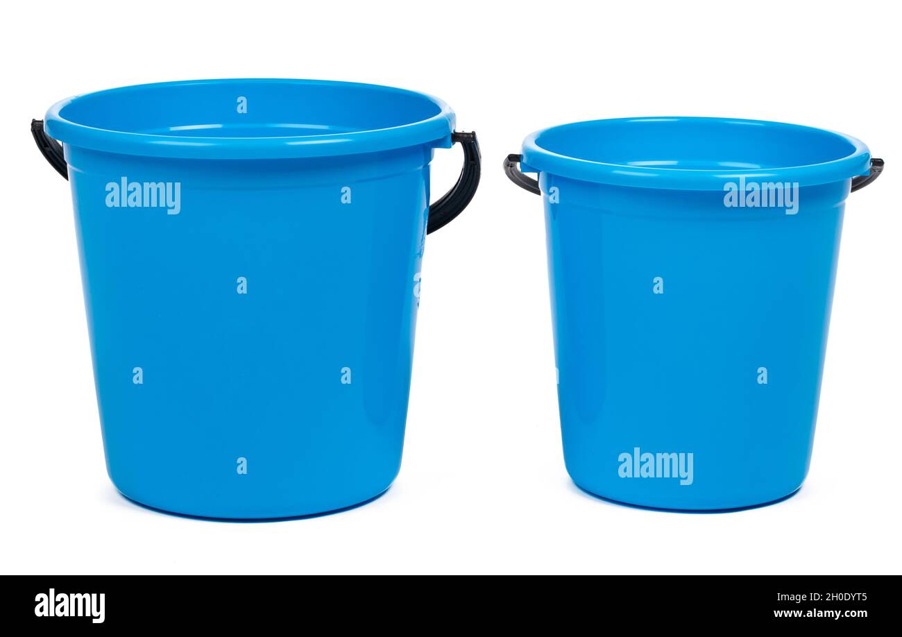 Blue plastic bucket for cleaning isolated on white background Stock