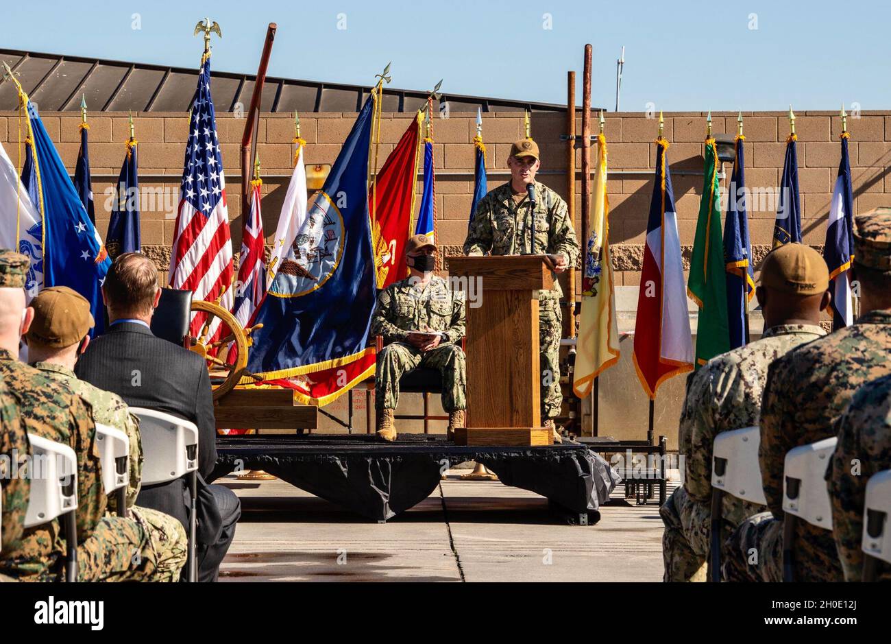 Commanding Officer, Captain Jack Killman, USN addresses the command during his farewell speech. Stock Photo