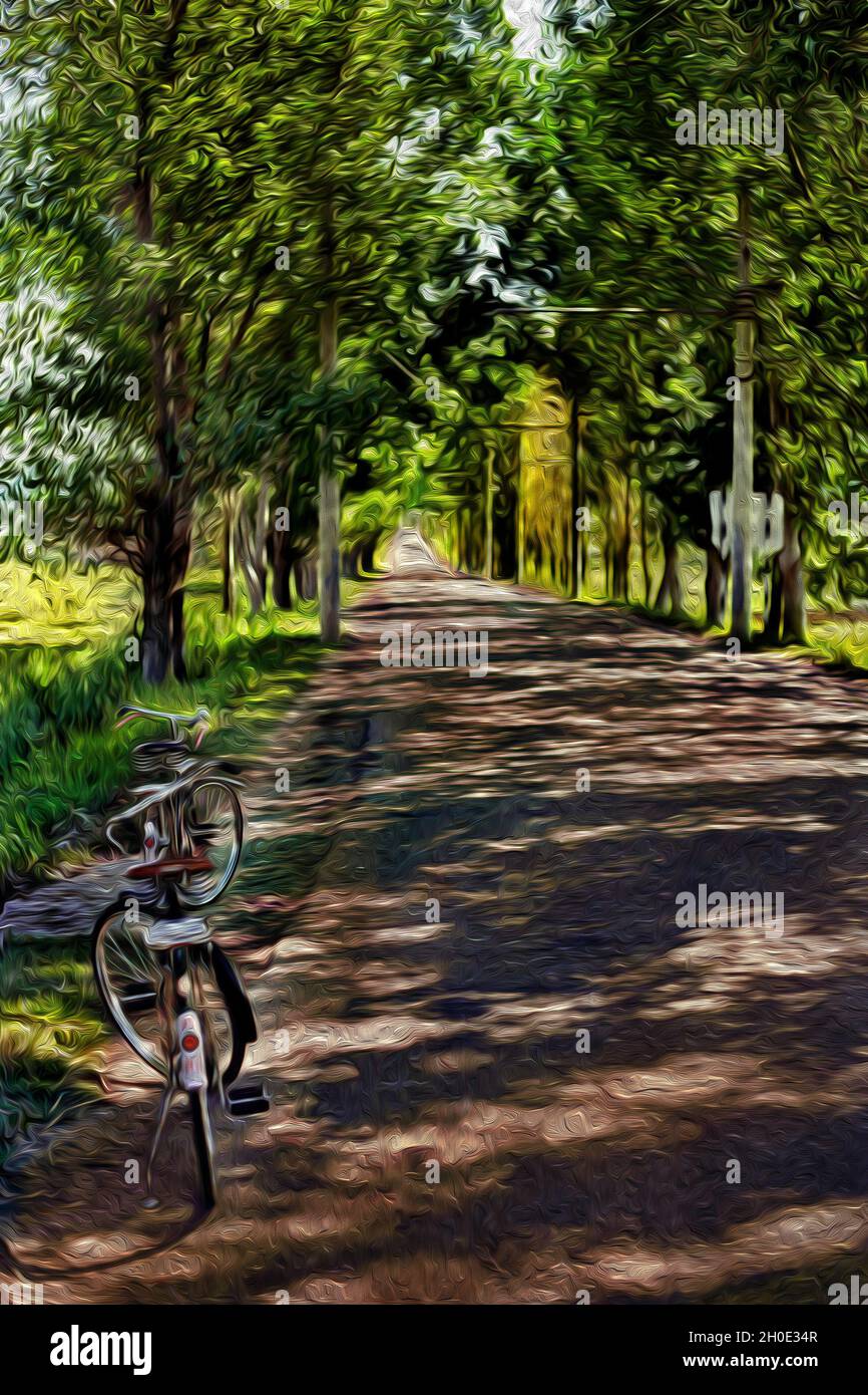 Country road with a bicycle parked in the shade of trees near Kathmandu