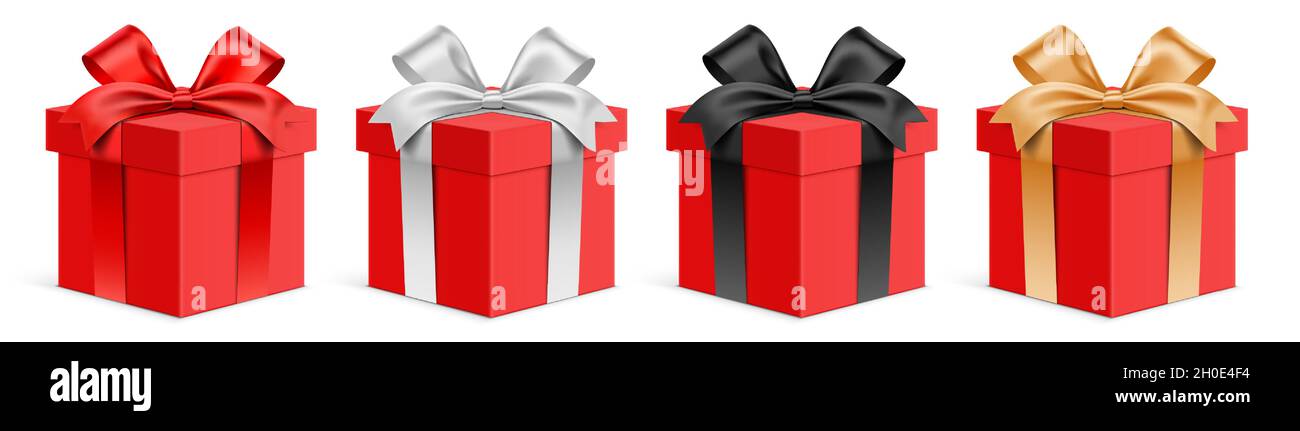 Vector set of red gift boxes with different color ribbons. Realistic 3D giftbox, isolated on background. Stock Vector