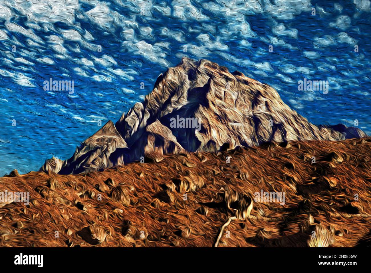 Rocky mountains and steep cliff with blue sky at the Himalaya Ridge ...