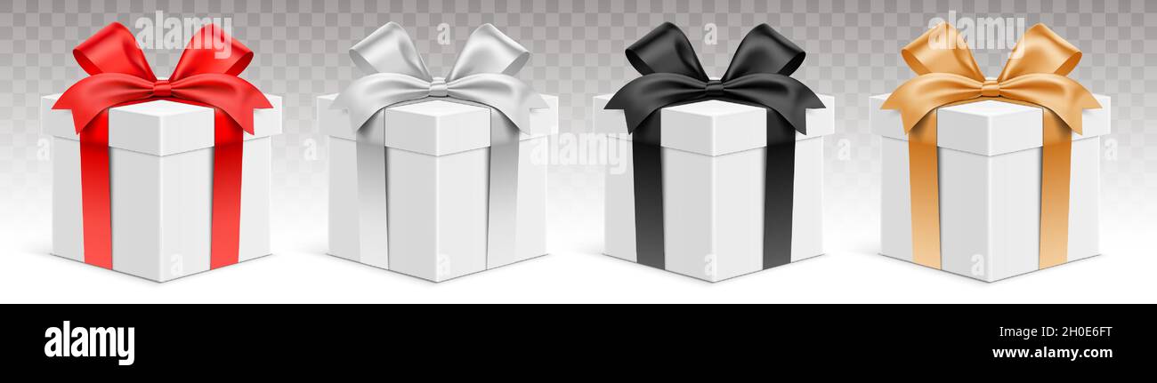 Vector set of white gift boxes with different color ribbons. Realistic 3D giftbox, isolated on transparent background. Stock Vector
