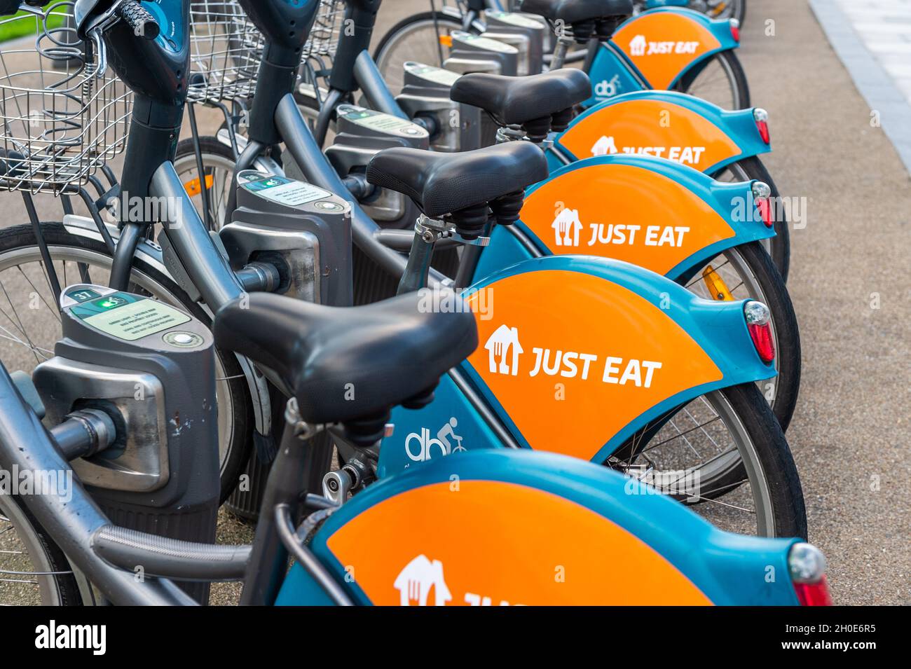 Just Eat hire bikes in Dublin, Ireland. Stock Photo
